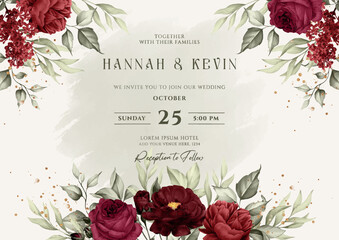 Floral background wedding invitation with red flower and leaves decoration