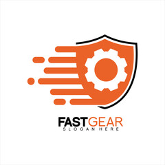Vector logo of shield and gear design with fast concept.