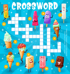 Cartoon ice cream characters crossword worksheet, find a word quiz game. Vector grid with gelato, bar, sandwich, kulfi, soft, popsicle, cone, stick, scoops, sorbet personages, puzzle task for children