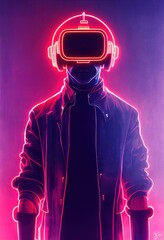 Portrait of a man wearing a cyberpunk headset, neon virtual glasses, and cyberpunk gear. A high-tech futuristic man from the future. The concept of virtual reality and cyberpunk. 3D rendering.