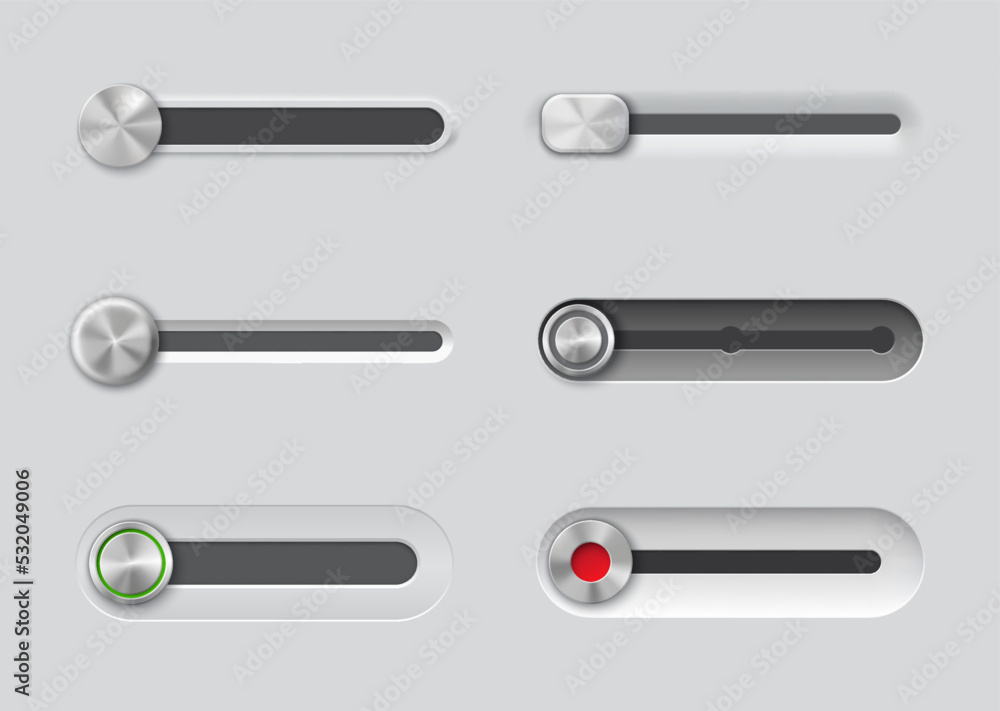 Fototapete UI slider bar buttons, control, web interface volume slide toggles, realistic vector. Slider buttons for switch off, website or app menu bars and settings switcher controls in music player UI