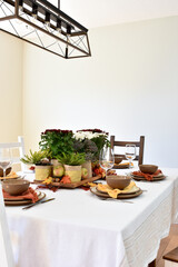 Fall autumn harvest dining table decor for Thanksgiving holiday family dinners, rustic, simplicity table centerpiece background decorations