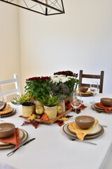 Fall autumn harvest dining table decor for Thanksgiving holiday family dinners, rustic, simplicity table centerpiece background decorations