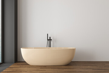 Fototapeta na wymiar Beautiful beige bathtub in modern bathroom, toilet, panoramic window in reflection, white and gray walls and parquet floor. 3d rendering