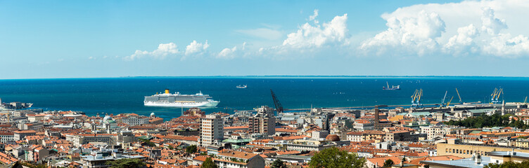 Panoramic Aerial on Trieste, a famous Italy city, important hub of maritime trade and tourist art