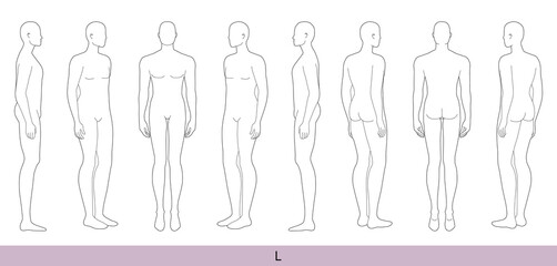 Set of L Size Men Fashion template large 9 head size Croquis Gentlemen model figure front, side, 3-4, back view. Vector isolated sketch outline boy for Fashion Design, Illustration, technical drawing