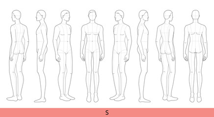 Set of S size Men Fashion template 9 head small Croquis with main lines Gentlemen model skinny body figure front, side, 3-4, back view. Vector outline sketch boy for Fashion Design, technical drawing