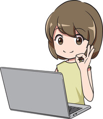 パソコン前でOKマークをつくる女性