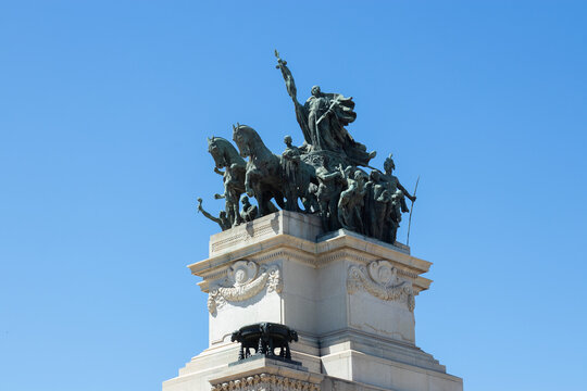Top of the Monument to the Independence of Brazil front view inside the Independence Park (Parque da independ&ecirc;ncia), with a beautiful blue sky, S&atilde;o Paulo, Brazil 
