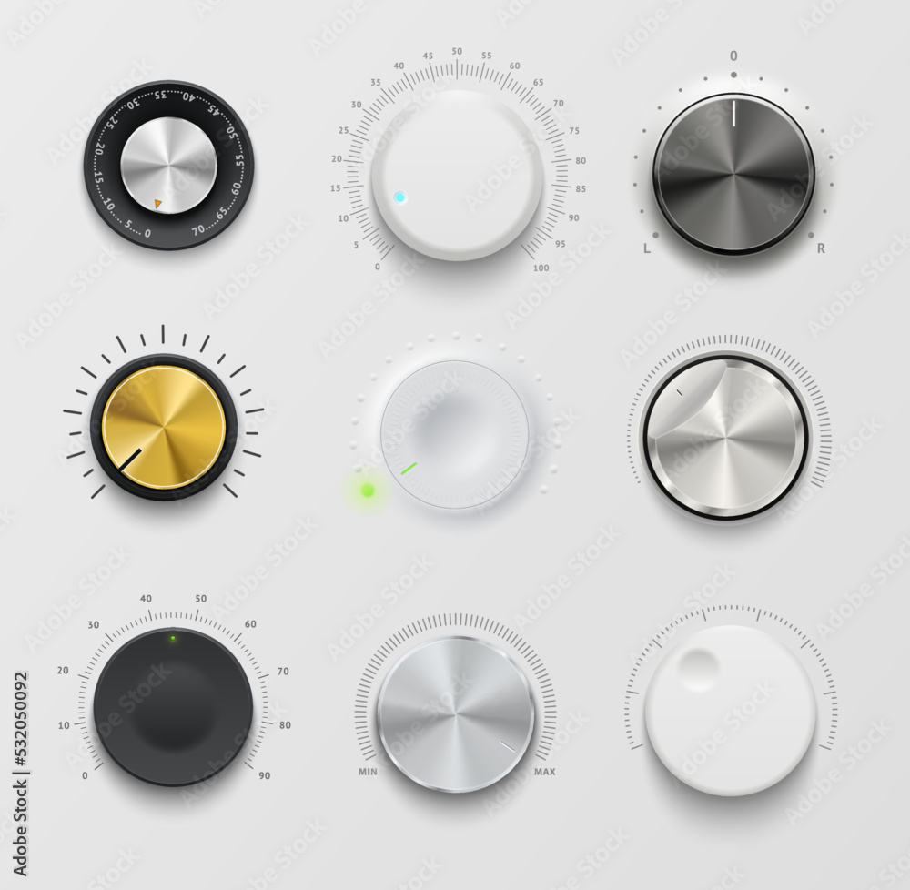 Aufkleber Music and sound volume knob button. 3d vector round metallic tuners, audio stereo sound system element for mobile application, website ui graphic. Min or max level audio player app knob button