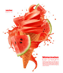 Isolated watermelon soft ice cream cone with splash. Vector pulpy fruit slice and red dessert swirl in wafer cup with sauce whirls. Realistic sweet ice cream summer dessert