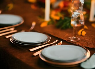 Obraz premium Table set for thanksgiving. Pumpkin, festive dinner, table setting