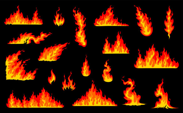 Cartoon bonfire fire flames. Hell fire lines or borders set. Bonfire flame vector dividers, fireplace and forest wildfire natural disaster orange and red, hot fire separators set