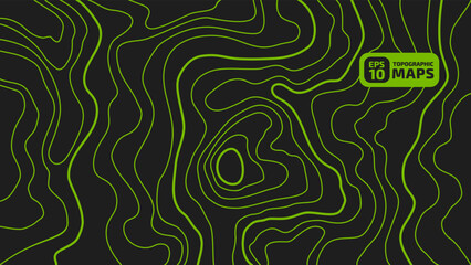 Stylized height of the topographic contour map in lines and stroke. The concept of a conditional geography scheme and the terrain path. Green on black background. Ultra wide size. Vector illustration. - obrazy, fototapety, plakaty