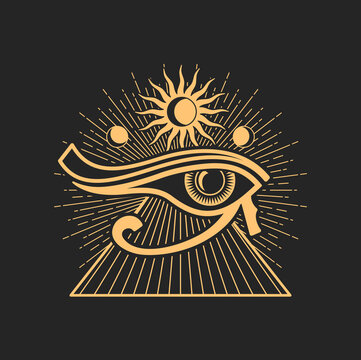 Wedjat, Eye of Horus, ancient Egyptian symbol of protection, royal power and good health. Eye of Ra, vector occult and esoteric magic symbol