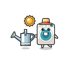 Cartoon character of washing machine holding watering can