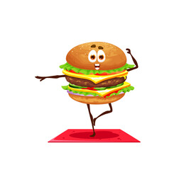 Cartoon cheeseburger character on yoga fitness. Happy smiling fast food sandwich or burger vector personage. Cheerful cheeseburger or hamburger cute character doing exercises on fitness mat