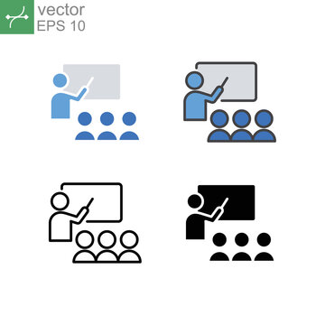 Trainer in demonstrate using blackboard. Webinar education, teacher training and teaching. Business presentation and meeting. Training icon. Vector illustration. Design on white background. EPS10
