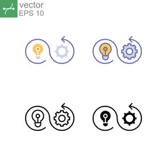 Light Bulb, lamp, gear, arrow. Planning strategy and solution. Accomplishment, Сreature or execution. Creative solution. Implementation icon. Vector illustration. Design on white background. EPS10