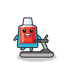 toothpaste cartoon character walking on the treadmill