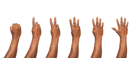 Set of counting black hands isolated on white background. Counting from  0 to 5