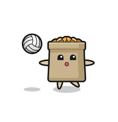 Character cartoon of wheat sack is playing volleyball