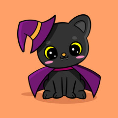 Cute black cat in Witch style. Halloween Vector. Halloween Costume Party