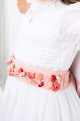 dress and outfit for holy Communion girl with pink flower belt