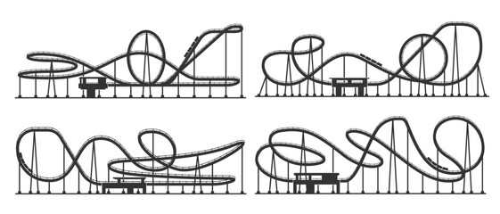 Roller coaster loop, rollercoaster silhouette of amusement park ride, isolated vector silhouette. Roller coaster loop shadow in theme park or funfair carnival rides, rollercoaster train on track - obrazy, fototapety, plakaty