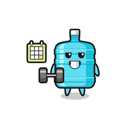 gallon water bottle mascot cartoon doing fitness with dumbbell