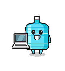 Mascot Illustration of gallon water bottle with a laptop