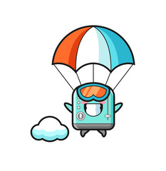 toaster mascot cartoon is skydiving with happy gesture