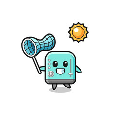toaster mascot illustration is catching butterfly