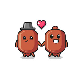 sausage cartoon character couple with fall in love gesture