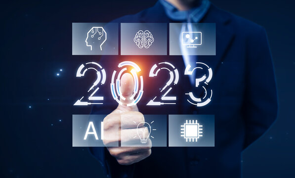 2023 new year future business tech companies development innovation creative idea artificial intelligence AI digital technology machine, data online security, graphic icon illustration blue background