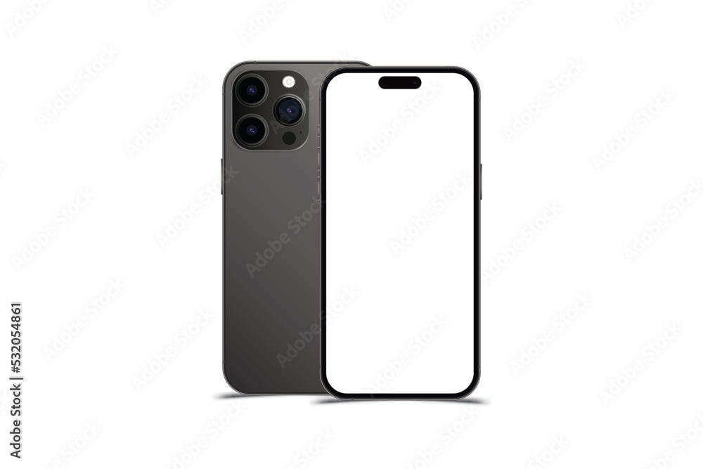 Poster set mock-up of realistic smartphones. two modern telephones. front side with screen and back side wi