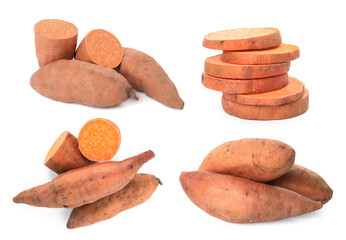 Fototapeta na wymiar Set with whole and cut ripe sweet potatoes on white background