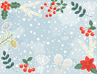 雪と冬の植物イメージしたイラストのカード