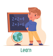 Children activity concept. Young thoughtful boy stands at chalkboard, thinks and solves mathematical problems. Education or training in school. Getting Knowledge. Cartoon flat vector illustration