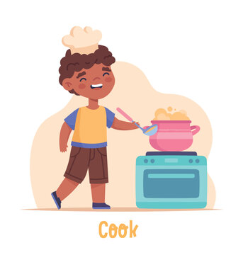 Children activity concept. Little smiling boy chef prepares delicious food or cooks soup in kitchen. Entertainment or hobby for child. Design element for websites. Cartoon flat vector illustration