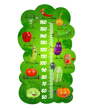 Cartoon vegetables compete in sports, vector kids height chart, growth meter. Ruler scale with funny tomato, pepper, cabbage and broccoli, onion, pumpkin, zucchini and eggplant, potato characters