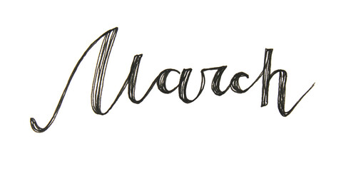 Lettering word March isolated on white background. Text for calendar or notebook. Hand-drawn black marker spring month. Creative clipart for sketchbook or daily planner