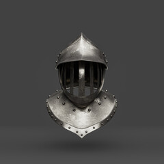 Used steel warrior helmet. Isolated crash helmet of a medieval knight armor from front view, 3d rendering