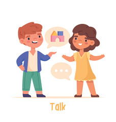 Children activity concept. Smiling boy and girl communicate or talk on different topics. Friends having dialogue or conversation. Happy preschoolers or classmates. Cartoon flat vector illustration