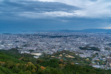 Naklejka premium View of Fukuoka city and sea from hill in autumn.