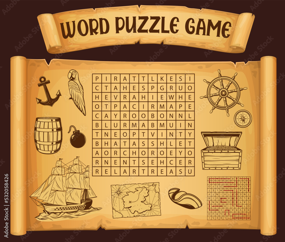 Poster piracy and pirate map. word search puzzle game worksheet, vector riddle quiz. kids word search grid 
