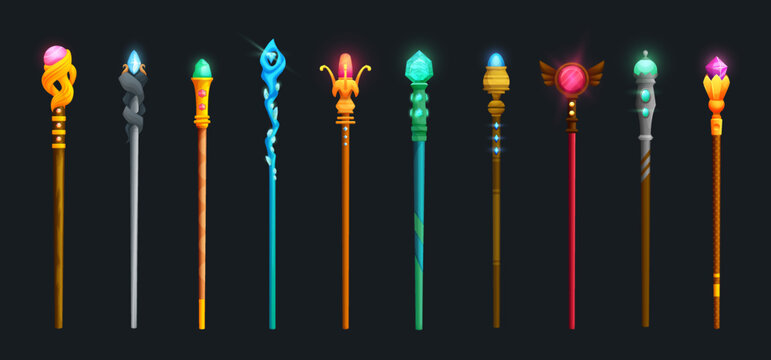 Magic staff set, wizard sorcerer and magician cartoon vector wands or sticks. Fantasy game magic staff, stick weapon or wizard scepter, RPG UI magician wands and sticks and power canes with crystals
