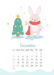 December 2023 calendar. Cute bunny decorating a Christmas tree. Merry Christmas and Happy New Year. The year of the Rabbit, bunny symbol of 2023. Week starts on Sunday. Vector illustration