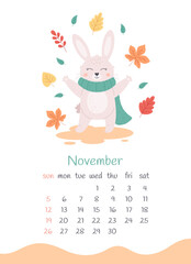 November 2023 calendar. Cute bunny in scarf with autumn leaves. Hello autumn. The year of the Rabbit, bunny symbol of 2023. Week starts on Sunday. Vector illustration