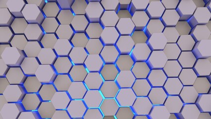 Abstract background with waves made of white futuristic honeycomb mosaic geometry primitive forms that goes up and down under blue back-lighting. 3D illustration. 3D CG. High resolution.